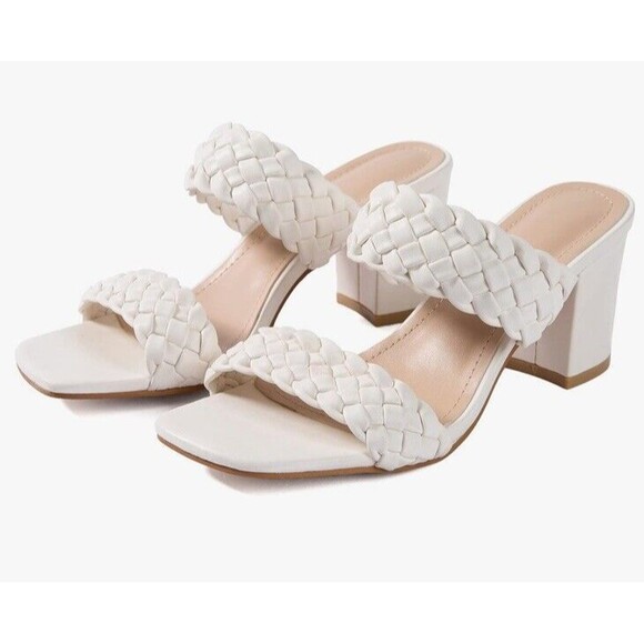 New Women White Braided Heels Sandals Chunky Block Heel Size 10 open toe - Picture 3 of 7